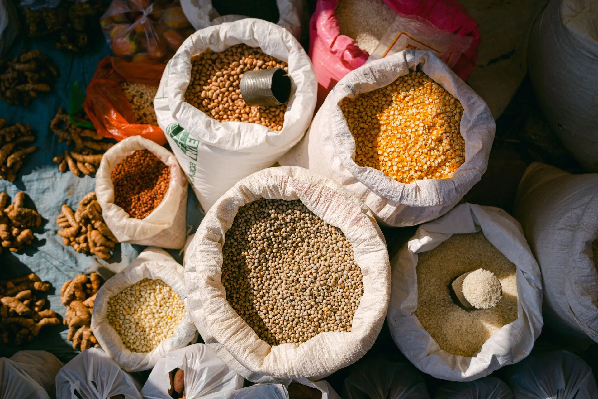 Open sacks of pulses and grains