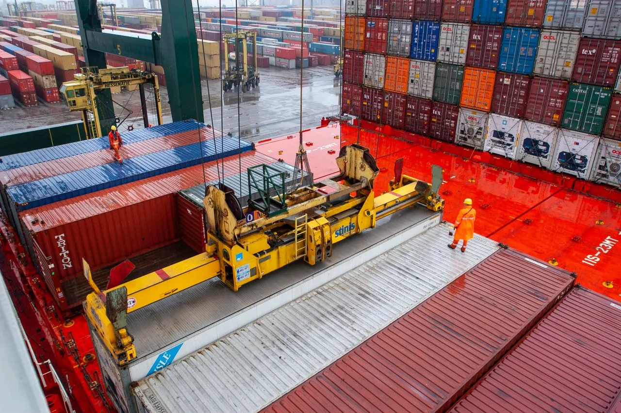 Cargo being handled on the deck of a container ship